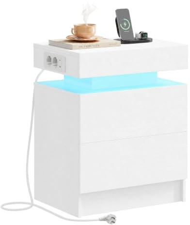 IRONCK Nachttisch Weiß mit Ladefunktion, Moderne Nachtschrank mit LED | Beistelltisch mit Steckdosen, USB+USB-C Anschlüssen, LED-Beleuchtung, Nachtkästchen für Wohnzimmer,Schlafzimmer, 48x35x60 cm