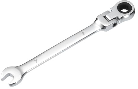sourcing map Llave combinada de trinquete de cabeza flexible de 7 mm, 72 dientes, caja de trinquete estándar métrica y llave de extremo abierto CR-V de acero de doble extremo para sujetadores, tuercas