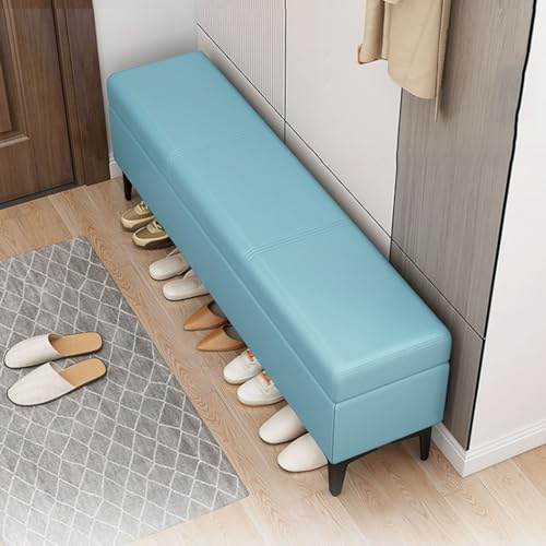 Caja de almacenamiento otomana de piel sintética azul cielo, taburete multifuncional para juguetes, baúl de zapatos, banco cubo y taburete largo estrecho con patas (90 cm)