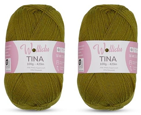 Wollidu Tina Strumpfwolle/Sockengarn 4-fädig 2er Set – 75% Wolle 25% Polyamid – 100g/420m – Nadelstärke 2–3 mm – uni Sockenwolle – Farbe Olivgrün