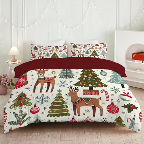 phonxia Bettwäsche 155x220cm Bunt Bettbezug-Set Weihnachtsbaum Hirsch-Muster Bettbezüge Weicher - Bettbezug 200 x 200 mit Mikrofaser und 2 Kissenbezug 80x80cm FF322
