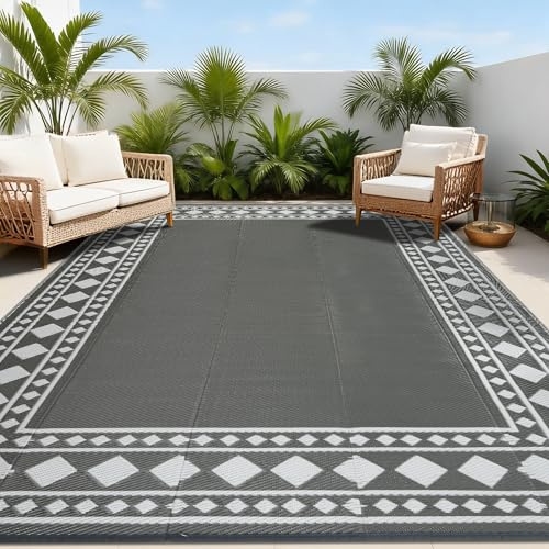Homcomodar Tappeto per esterni, resistente alle intemperie, 120 x 180 cm, reversibile, per balcone, impermeabile, in plastica, per campeggio, terrazza, giardino, picnic, grigio