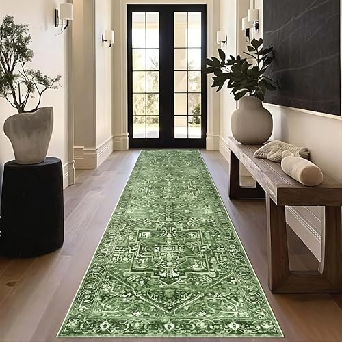 Homcomodar Teppich Läufer Flur 80x300cm Vintage Läufer Küchenteppich Waschbar Teppich Flur rutschfest Kurzflor Teppichläufer für Küche Eingang Schlafzimmer Wohnzimmer（Grün）
