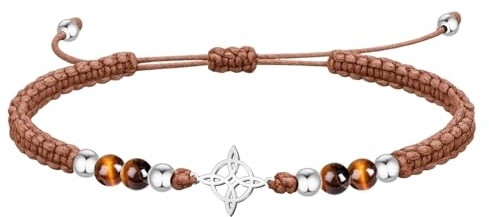 cotigo Pulsera Hilo Encerado con Ojo de Tigre y Nudo de Bruja en Acero Inoxidable - Amuleto Protección contra Mal de Ojo y Energía Ajustable - Regalo Original para Mujer y Hombre (Ojo de Tigre)