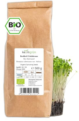 Keimgrün - Bio Brokkoli Calabrese Sprossen Samen - 500g Brokkoli Calabrese Saatgut - Regelmäßig überprüfte Keimfähigkeit - Zum ergiebigen Anbau auf Erde oder im Sprossenglas