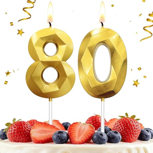 HLWGFJDY 80th Birthday Candles Gold Number 80 Cake Topper Happy Birthday Cake Decorations 3D Designed for 80th Birthday Party, Gold Candles for Birthday Anniversary Celebration Party Supplies