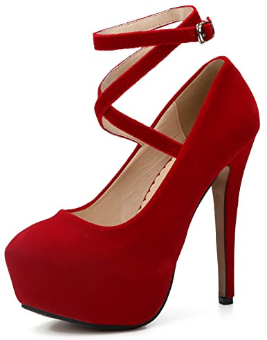 Women's Platform High Heel Pumps with Criss Cross Ankle Strap, 5.5 Inch Stiletto Heel, 1.6 Inch Platform Red Velvet 41 - US 8.5
