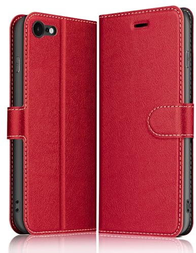 ELESNOW Hülle für iPhone SE 2022/2020 / iPhone 7/8, PU Leder Klappbar Wallet Handyhülle Schutzhülle Tasche mit Kartenfach, RFID Blocking, Standfunktion, Magnetisch Hüllen (Rot)