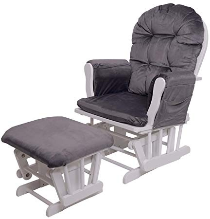 Mendler Relaxsessel HWC-C76 - Samt, grau, Gestell weiß | Schaukelstuhl, Sessel, Schwingstuhl, mit Hocker