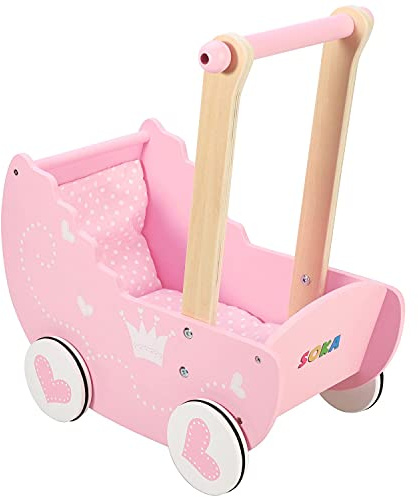 SOKA Wooden Push Along Pink Princess Doll Pram for Boys and Girls Pretend Play with Non-Slip Rimmed Wheels