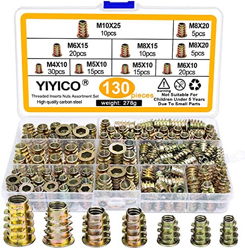 YIYICO Inserti Filettati per Legno M4 M5 M6 M8 M10 - 130pz Assortimento Dadi Esagonali in Lega di Zinco per Mobili