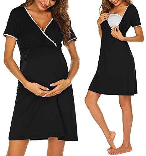 DolceTiger Chemise de Nuit pour Femmes, Col en V Allaitement Nuisette, Robes de Maternité, Vêtements de Nuit Manches Courtes, Pyjama Femmes Enceintes Maternité Ensemble Robes (Black, XL)