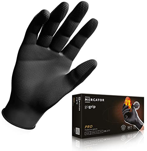 MERCATOR GoGrip Guanti in nitrile nero taglia XL - 500 pezzi Guanti protettivi monouso senza polvere Lattice extra forte Struttura a diamante Guanti in nitrile