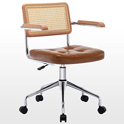 Zesthouse Leather Office Desk Chair with Wheels, Mid Century Rolling Desk Chair with Wood Arm & Natural Rattan Back, Modern Swivel Home Office Chair, Small Height Adjustable Computer Task Chair, Brown