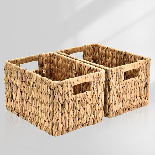 ELONG HOME Water Hyacinth Rectangular Wicker Baskets, 12 Wicker Basket 2 Pack, Woven Storage Baskets with Handles