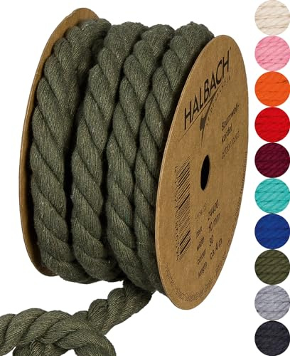 Halbach Seidenbänder Cordoncino di cotone riciclato, larghezza 10 mm/lunghezza 4 metri, filato di cotone sostenibile per macramè, corda naturale per fai da te, colore: verde | Filato di cotone riciclato, per macramè, progetti artigianali e decorazioni