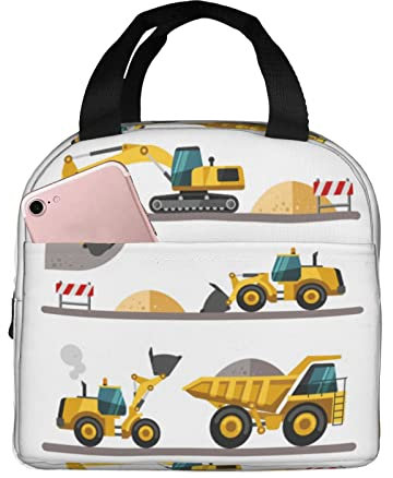 XVBCDFG Bolsa de almuerzo Maquinaria de dibujos animados Excavadora Camión aislado con compartimentos Reutilizable Impresiones lindas Asa de mano Fiambrera p