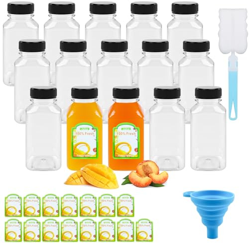 CoKeeSun 15pcs Botellitas Pequeñas para Rellenar, 250ml Mini Botellas de Plástico Reutilizables con Tapas, Botellas de Jugo de Plástico Transparentes con Embudo, Pincel, Etiquetas, para Zumos, Bebidas