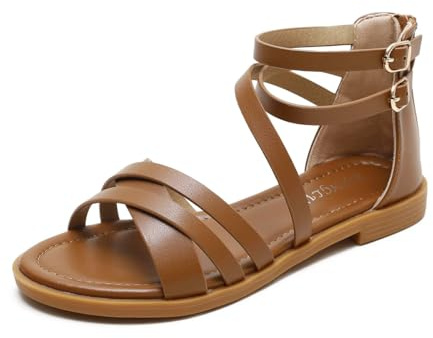 AUXDIQ Sandalias planas con tiras para mujer Sandalias con tiras en el tobillo Sandalias romanas de verano de tacón bajo ajustables Marrón 37 EU