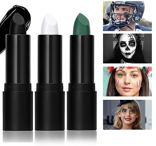 JasCherry 3 Stück Eye Black Stick für Sport, Creme Eyeblack Face Paint Stick für Fußball/Baseball/Lacrosse, Schwarz Weiß Grün Eyeblack für Sports Halloween Cosplay Costume Parties Makeup