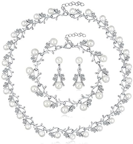 AILUOR Perlenschmuck Set für Frauen, 14K Gold/Silber plattiert Perlenkette und Ohrring Set Perlen Tropfen Ohrringe Perlen Armbänder Perlen Halskette Choker Hochzeit Brautschmuck