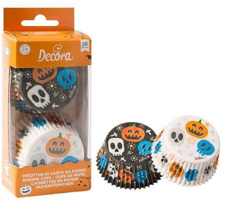 Decora, 0339898 Confezione da 36 Pirottini Teschi da 50 X 32 mm, per Cuocere, Presentare e Regalare Muffin, Resistono Fino a 180°, in Comodo Blister, Made in Italy, Carta da Forno, Nero, Standard