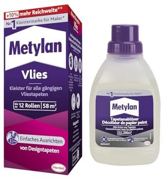 Metylan Vlies, Tapetenkleister für Vliestapeten, Kleister mit hoher Ergiebigkeit (1x360g) & Metylan Tapetenablöser Aktiv-Konzentrat, löst schnell und problemlos (1x0,5l)