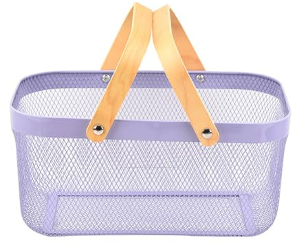 Corbeille à Fruits avec Poignée en Bois Corbeille à Fruits et Légumes en Métal Porte-fruits Portable Panier en Fil Métallique Panier Rangement pour Cuisine, Salle de Bains, Pique-nique (Violet)