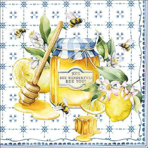 20 Servietten Essen Bienen an Glas neben Zitronen als Tischdeko. Papierservietten mit Motiv. Auch für Decoupage und Serviettentechnik 33x33cm
