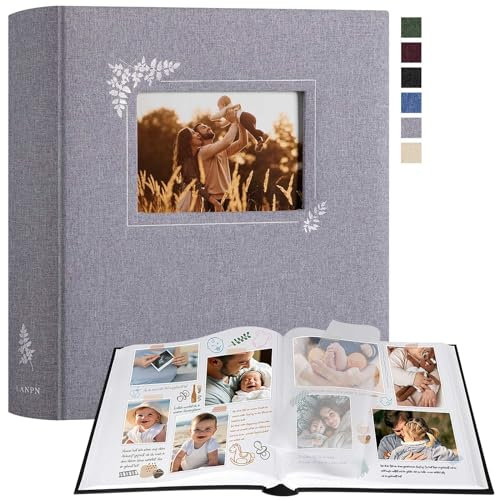 Lanpn Album Fotografico Scrapbooking, Grande Lino Design della finestra DIY Scrapbook 100 pagine bianche con divisori di cellofan per foto 9x13 cm 10x15 cm 13x18 cm (30x33,5cm, Grigio)