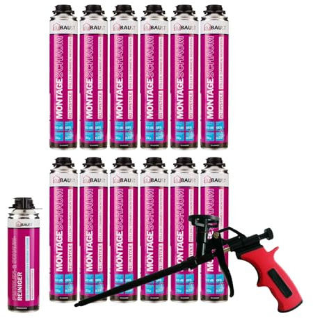 dubaust MSP24 Bauschaum Montageschaum Pistolenschaum 750ml Kombisets PU Dämmschaum hohe Schalldämmung Wärmedämmung Isolierend B2 (mit Reiniger PRS24 500ml + Schaumpistole Business, 12x 750ml)