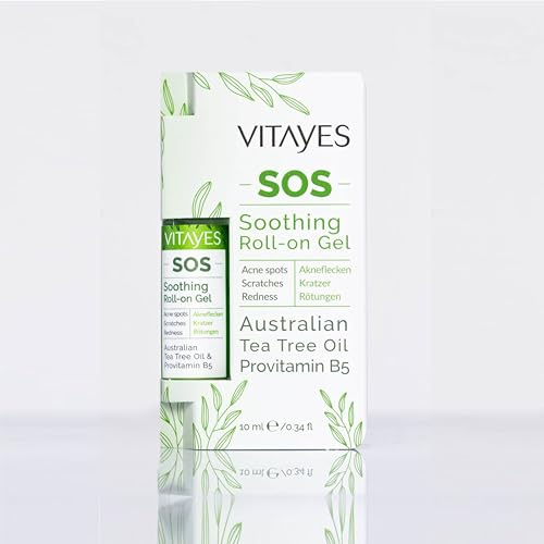 Vitayes SOS Teebaumöl Roller, Vitamin B5, gegen Akne Flecken, Kratzer, Hautentzündungen, Roll-on Stift, Pickel, unreine Haut, Vegan, Hautrötungen