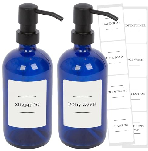 Harbour Housewares Glass Soap Dispensers with Labels Pack of 2-500ml Blue Refillable Bottles with Black Pumps and White Labels - Bathroom and Kitchen Accessories for Hand Wash, Lotion or Sanitiser