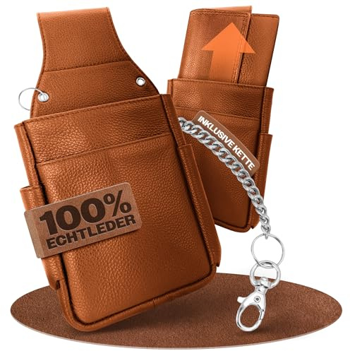 FLEXIBILITE®Kellnertasche Echt Leder | Gastronomie Zubehör | Kellnerholster [Neues Konzept 2026] | Bedienungstasche EXTRA 47cm Stahlkette | Holster Tasche (15 x 23 cm B x H) | Cognac