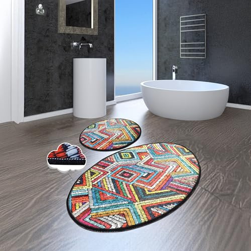 Bosdela Wood Ovales 2-Teiliges Badezimmerteppich-Set, Rutschfester WC-Vorleger & Badezimmerteppich, Wasserabsorbierend, Anti-Rutsch, 60x100 + 50x60 cm Maglie Oval Design