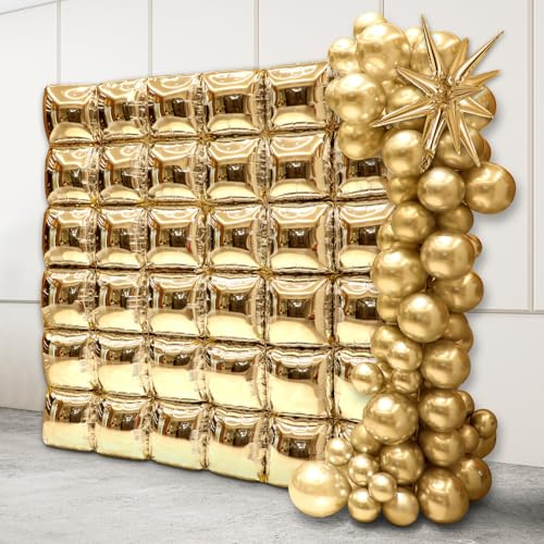 66pcs Gold Flat Square Foil Balloon Wall Backdrop Metallic Double Sided Gold Silver Balloon Garland Kit Background Tunnel Arch for Graduation Anniversary Birthday Engagement Disco Party Decorations