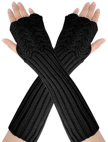 AUYAO Gants Sans Doigts Tricotés Gants Chauds d'Hiver pour Femmes, Mitaines D'hiver Sans Doigts Moufles Poignets, Gants de Bras Plus Chauds avec Trou pour le Pouce Unisexe(Noir-31cm)