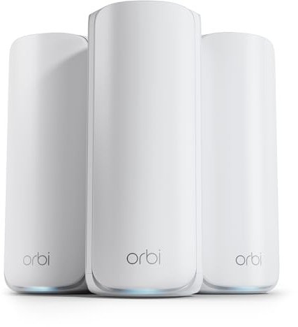 NETGEAR Mesh WiFi 7 Orbi serie 870 Tri-band, WiFi Mesh (RBE873) router + 2 extender satellitari, funzioni di sicurezza, fino a 21 Gbps, copre 600 m2, 150 dispositivi, porta Internet 10 Gig, BE21000