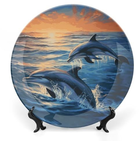 Plato decorativo de porcelana china con delfines en el mar, plato decorativo de cerámica para decoración de pared de hogar y oficina con soporte vertical, platos decorativos para el hogar, cocina, dor