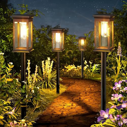 XUNIVERS Lampe Solaire Exterieur,4 Lampes Solaires Pour Jardin Extérieur,IP65 Étanche Eclairage Exterieur avec Lumière Chaude Solaire pour Chemins, Pelouse, Decoration Jardin Exterieur