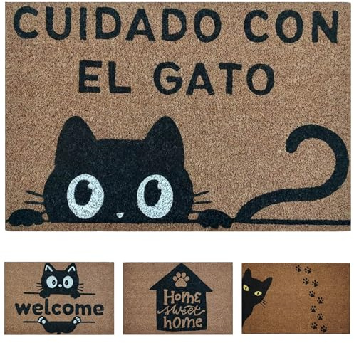 KOKO DOORMATS Felpudo Entrada Casa - Cuidado con el Gato, 60x40 cm, Coco | Base antideslizante de PVC, fibra de coco natural, apto para interior y exterior, Felpudos Gatos, Originales y Divertidos