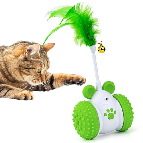 Mcbazel Juguete Automático para Gatos, Juguete Interactivo con Plumas e Infrarrojos con Campana, Ruedas Giratorias de 360° y Masaje, ABS/Silicona Seguro - Color Verde
