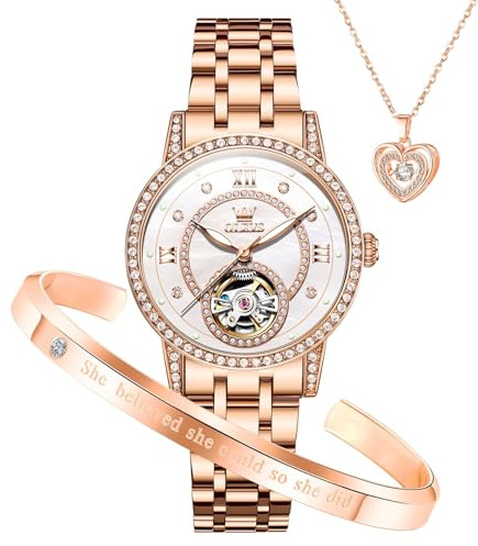 OLEVS Automatic Womens Watches Mechanical Diamond Skeleton Luxury Dress Silver Stainless Steel Waterproof Luminous Ladies Wrist Watches Gift Set