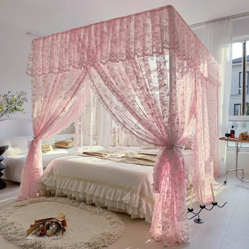 Moskitonetz Doppelbett, Feinmaschiges Moskitonetz, Quadratische Mückennetz, Spitzen Mosquito Zelt für Mädchen Schlafzimmer Dekoration Pink 180 x 200cm