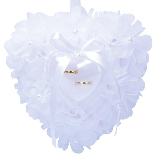 TEWAFOS Ring Pillow is Designed with White Roses, Mozambique Diamond and Flowers. It is A Ring Bearer That Comes with A Gift Box. It is Suitable for Weddings and Ring Collections (Pearl White)