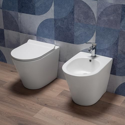 Coppia Sanitari bagno a terra in Ceramica Bianco Lucido - WC Rimless, Bidet, Sedile Soft Close, Sgancio Rapido, Risparmio Idrico, Fissaggi Inclusi, Installazione Parete o Pavimento - Mod.WhiteFloor 2