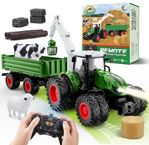 Ferngesteuerter Traktor Ferngesteuert, 2.4GHz RC Traktor Spielzeug, 1:16 Traktor mit Anhänger und Licht, Baumstämme, Kuh, Schaf und Heuballen Geschenk für Kinder ab 3-12 Jahre, Weihnachten Geschenk