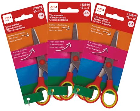 APLI Kids 20596- Pack de 3 Tijeras Escolares de 13 cm con Punta Redondeada | Mango Ergonómico Bicolor y Hojas de Acero Inoxidable para Niños +4 Años