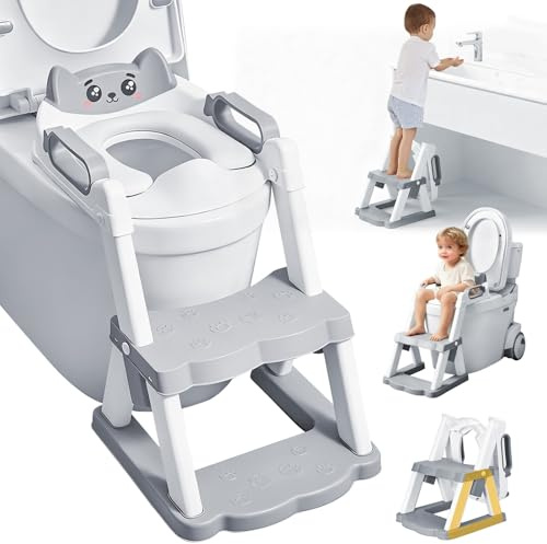 Toilettensitz Kinder mit Treppe,2 in 1 Faltbar Töpfchentrainer Höhenverstellbares Kinder WC Sitz mit Treppe Stabile Trapezstruktur Großes Pedal und Griffe Spritzsicher Für 1-7 Jahre Grau