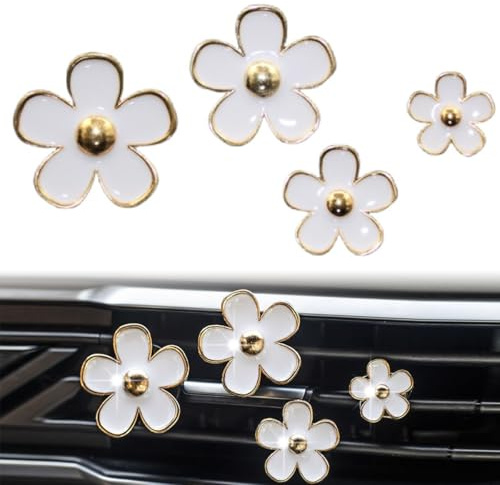Ruayia Auto Clip Diffuser 4 Stück, Auto Autozubehör Innenraum Deko Gänseblümchen Clips Blume Innendekorationszubehör Auto Gadgets - Weißgold
